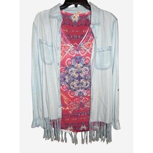 Reba 2 Piece Small Soft Fringed LS Shirt & SS Blouse Floral Print Rhinestones